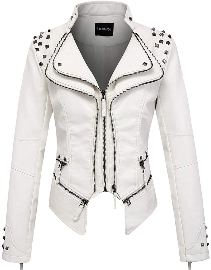 chouyatou Women's Fashion Studded Perfectly Shaping Faux Leather Biker Jacket (Medium, White)