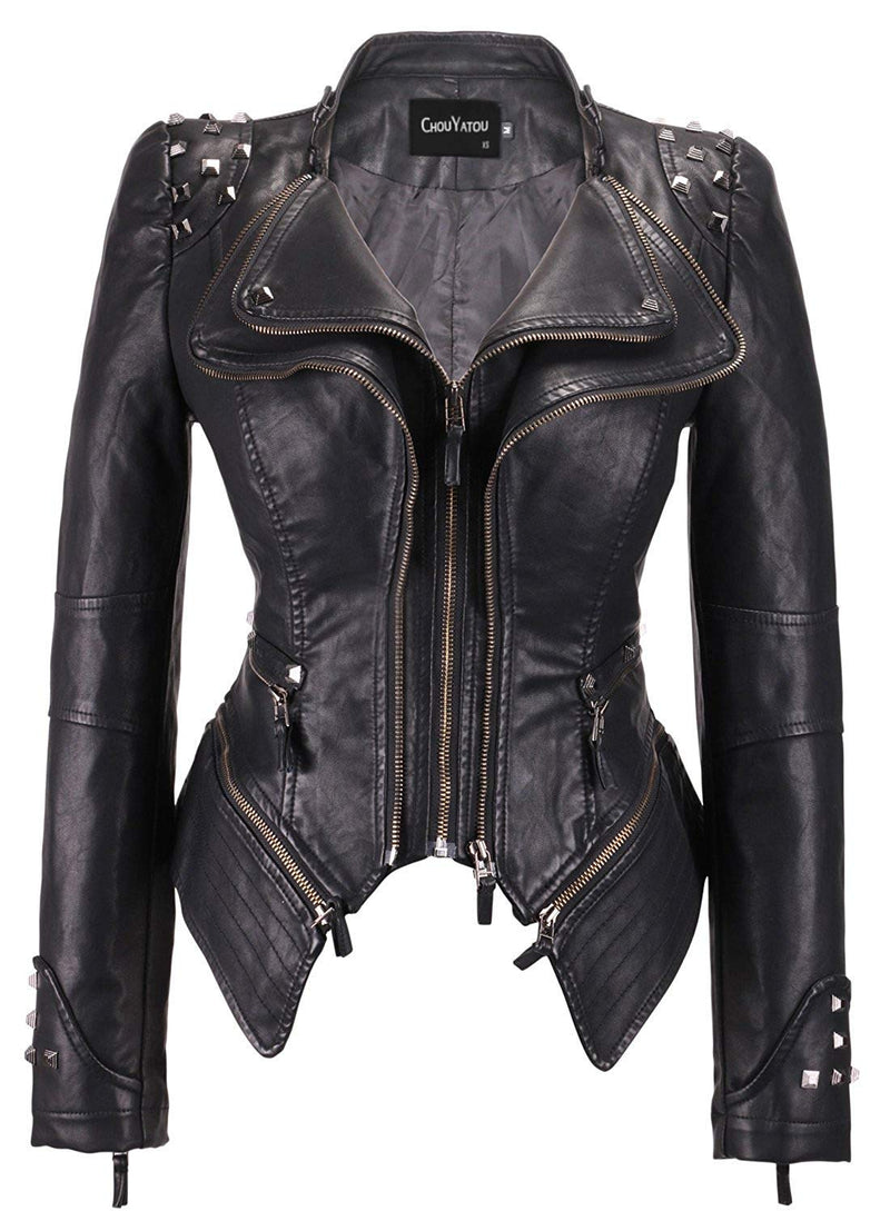 chouyatou Women's Fashion Studded Perfectly Shaping Faux Leather Biker Jacket (Medium, Black)