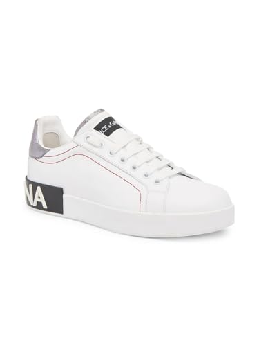 Dolce&Gabbana, Portofino Logo Leather Sneakers, 38 (8), Bianco Argento