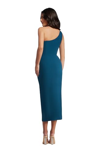 Dress the Population Women's Magnolia Crepe, Midi, Bodycon, Asymmetric Neck Dress, Peacock Blue, Medium