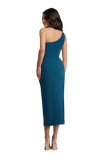 Load image into Gallery viewer, Dress the Population Women&#39;s Magnolia Crepe, Midi, Bodycon, Asymmetric Neck Dress, Peacock Blue, Medium
