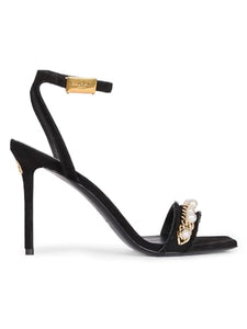 Balmain, 95MM Embellished Suede Sandals, 7, Noir