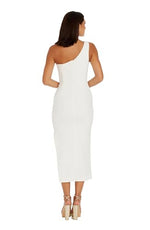 Load image into Gallery viewer, Dress the Population Women&#39;s Magnolia Crepe, Midi, Bodycon, Asymmetric Neck Dress, White, Medium
