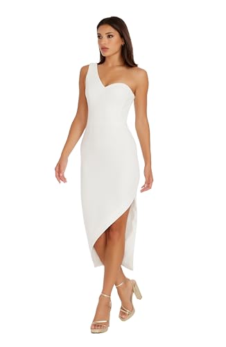 Dress the Population Women's Magnolia Crepe, Midi, Bodycon, Asymmetric Neck Dress, White, Medium