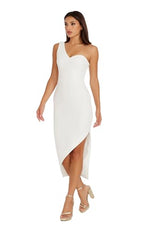 Load image into Gallery viewer, Dress the Population Women&#39;s Magnolia Crepe, Midi, Bodycon, Asymmetric Neck Dress, White, Medium
