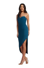 Load image into Gallery viewer, Dress the Population Women&#39;s Magnolia Crepe, Midi, Bodycon, Asymmetric Neck Dress, Peacock Blue, Medium
