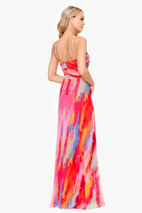 Xscape Women's Sleeveless Long Halter Neck Print Dress, Fushia Multi, 4