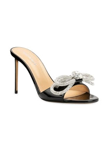 Mach & Mach, Crystal Bow Patent Leather Slide Sandals, 37.5 (7.5), Black