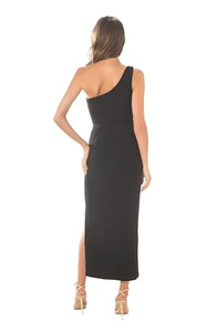 Dress the Population Women's Magnolia Crepe, Midi, Bodycon, Asymmetric Neck Dress, Black, Medium