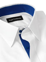 Load image into Gallery viewer, Paul Fredrick Men&#39;s Classic Fit Comfort Stretch Non-Iron Solid Dress Shirt White/Cobalt 15&quot; Neck 32&quot; Sleeve
