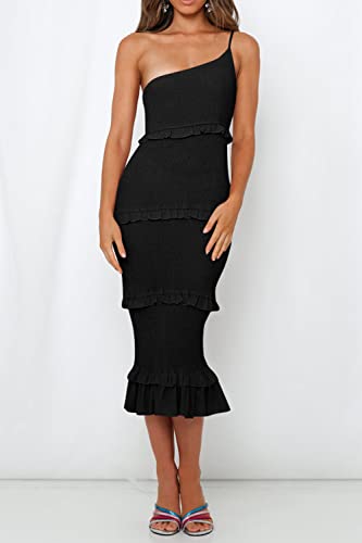 PRETTYGARDEN Women's Summer Midi Bodycon Dresses One Shoulder Strappy Tiered Ruffle Floral Boho Sun Dress (Solid Black,Large)