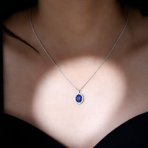 Rosec Jewels Mothers Day Gift Ideas, Certified Lab Grown Blue Sapphire Moissanite Halo Pendant With Silver Chain, AAAA Quality, 8X10mm Oval Sapphire Necklace, 925 Sterling Silver, With Chain