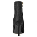 Load image into Gallery viewer, XINIUNIU Black Boots for Women Ankle Booties Kitten Stiletto Heels Metal Pointed Toe Suede Side Zipper 3.5 Inch Dressy Short Boot Size 8
