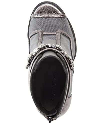 Karl Lagerfeld Paris Women's Blayze Peep-Toe Heeled Fashion Bootie with Stud Embellishments Boot, Silver, 8.5