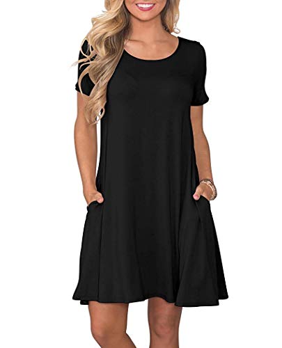 WNEEDU Women's Summer Casual T Shirt Dresses Short Sleeve Swing Dress with Pockets (L, Black)