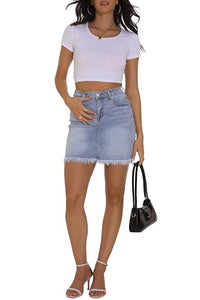 GUANYY Womens Denim Skirts Classic Modest Zipper Casual Short Mini Jeans Skirt with Frayed Raw Hem Light Washed Blue X-Large