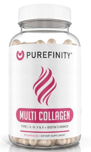 PUREFINITY Collagen Peptides for Women – Type I, II, III, V & X with Biotin & Hyaluronic Acid, Supports Healthy Skin, Bones, Hair & Nails – Non-GMO, Grass-Fed, 90 Capsules (1 Month Supply)
