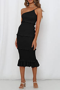 PRETTYGARDEN Women's Summer Midi Bodycon Dresses One Shoulder Strappy Tiered Ruffle Floral Boho Sun Dress (Solid Black,Large)