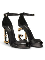 Load image into Gallery viewer, Dolce&amp;Gabbana, Sculpted-Heel Baroque DG Leather Sandals, 39.5 (9.5), Black
