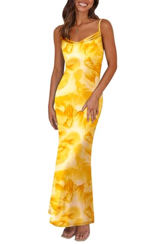 PRETTYGARDEN Women's 2025 Summer Floral Spaghetti Strap Maxi Dress Stretch Sexy Bodycon Dress Backless Slip Long Dresses (Yellow Big Floral, Medium)