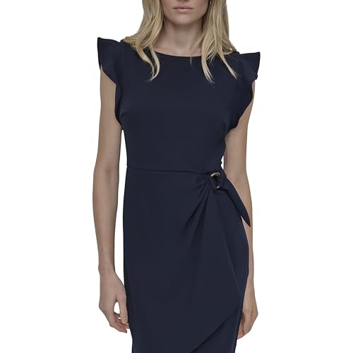 DKNY Women's Flutter Sleeve Faux Wrap Dress with Hardware, Spring Navy, 2