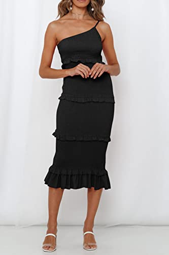 PRETTYGARDEN Women's Summer Midi Bodycon Dresses One Shoulder Strappy Tiered Ruffle Floral Boho Sun Dress (Solid Black,Large)