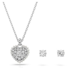 Swarovski Idllyia Necklace and Earring Set, Clear Heart-Shaped Crystal Pendant and Round Crystal Studs in a Rhodium-Finished Setting, Part of The Idyllia Collection