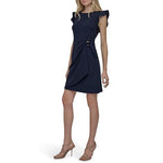 Load image into Gallery viewer, DKNY Women&#39;s Flutter Sleeve Faux Wrap Dress with Hardware, Spring Navy, 2
