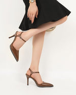 Load image into Gallery viewer, YODEKS Ankle Strap Pumps for Women Closed Pointed Toe Stilettos High Heels Sling Back Heels Leather Beaded Shoes 3.5 Inch for Work Casual Party Brown Size 8
