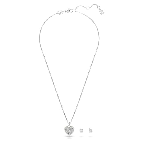 Swarovski Idllyia Necklace and Earring Set, Clear Heart-Shaped Crystal Pendant and Round Crystal Studs in a Rhodium-Finished Setting, Part of The Idyllia Collection