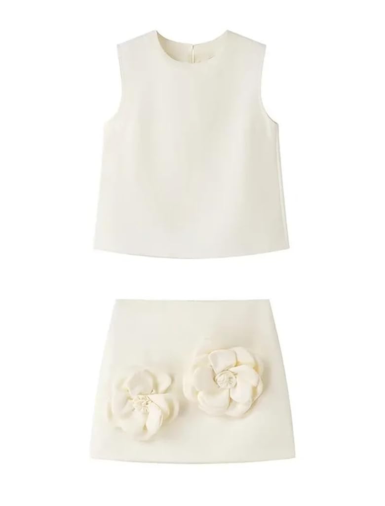 THLAI Summer Women 2 Piece Skirt Sets Sleeveless Crop Tank Top and Mini Skirt Matching with 3D Flower Sexy Short Sets