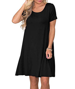 WNEEDU Women's Summer Casual T Shirt Dresses Short Sleeve Swing Dress with Pockets (L, Black)