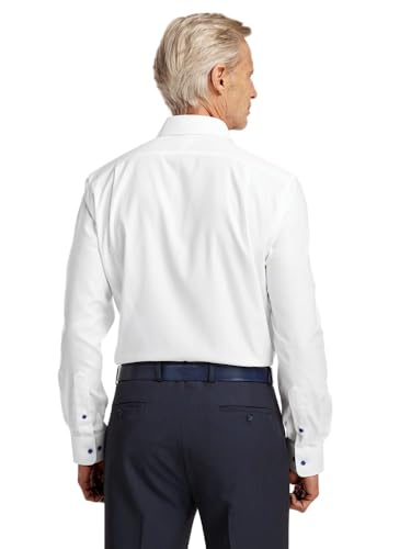 Paul Fredrick Men's Classic Fit Comfort Stretch Non-Iron Solid Dress Shirt White/Cobalt 15" Neck 32" Sleeve