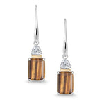 Load image into Gallery viewer, Gem Stone King 925 Silver and 10K Yellow Gold Brown Tiger Eye and Lab Grown Diamond Dangle Earrings for Women | 4.44 Cttw | Gemstone Birthstone | Emerald Cut 9X7MM

