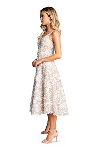 Dress the Population Women's Elisa Sleeveless Plunge Neckline FIT and Flare MIDI Dress, White/Gold, Medium