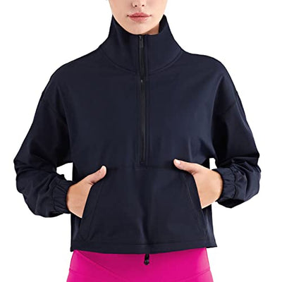 altiland Half Zip Pullover Cropped Jackets for Women Long Sleeve Workout Athletic Running Yoga Shirts (M, Black)