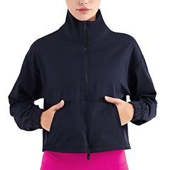 altiland Half Zip Pullover Cropped Jackets for Women Long Sleeve Workout Athletic Running Yoga Shirts (M, Black)
