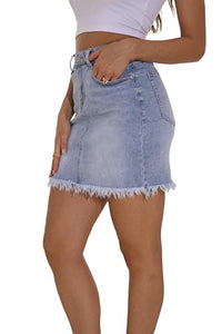 GUANYY Womens Denim Skirts Classic Modest Zipper Casual Short Mini Jeans Skirt with Frayed Raw Hem Light Washed Blue X-Large