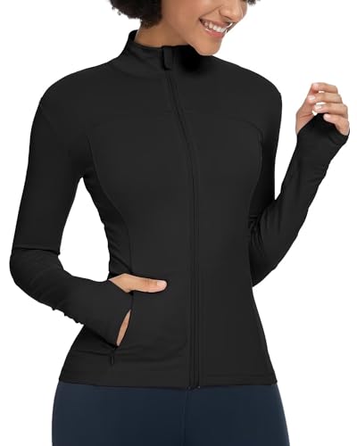 QUEENIEKE Womens Running Jacket Athletic Workout Jackets Track Full Zip Up Gym for Women Yoga Top Nurse Align Slim Fit Sport bbl Scrub Jacket Long Sleeve Sweater Black Small