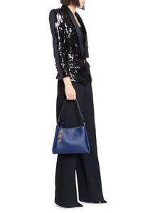 Balmain, Embleme Leather Shoulder Bag, Bleu Nuit