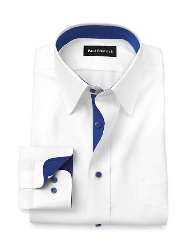 Paul Fredrick Men's Classic Fit Comfort Stretch Non-Iron Solid Dress Shirt White/Cobalt 15" Neck 32" Sleeve