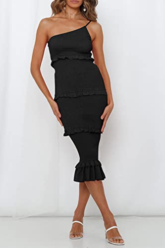 PRETTYGARDEN Women's Summer Midi Bodycon Dresses One Shoulder Strappy Tiered Ruffle Floral Boho Sun Dress (Solid Black,Large)