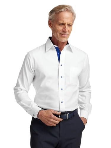 Paul Fredrick Men's Classic Fit Comfort Stretch Non-Iron Solid Dress Shirt White/Cobalt 15" Neck 32" Sleeve