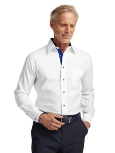 Paul Fredrick Men's Classic Fit Comfort Stretch Non-Iron Solid Dress Shirt White/Cobalt 15" Neck 32" Sleeve