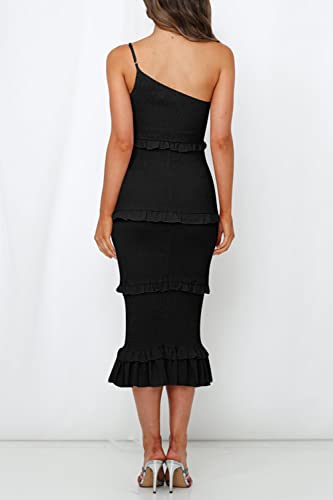 PRETTYGARDEN Women's Summer Midi Bodycon Dresses One Shoulder Strappy Tiered Ruffle Floral Boho Sun Dress (Solid Black,Large)