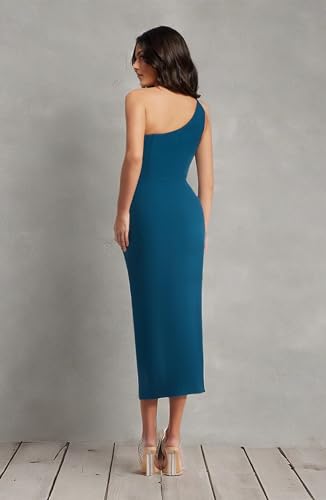 Dress the Population Women's Magnolia Crepe, Midi, Bodycon, Asymmetric Neck Dress, Peacock Blue, Medium