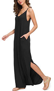 GRECERELLE Women's Summer Casual Loose Dress Beach Cover Up Long Cami Maxi Dress with Pocket Black-Large