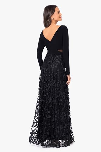 Xscape Women's Long Sleeve V-Neck Floral Skirted Floor Length Gown, Black, 8P