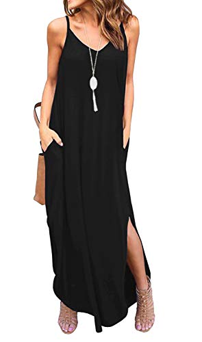 GRECERELLE Women's Summer Casual Loose Dress Beach Cover Up Long Cami Maxi Dress with Pocket Black-Large