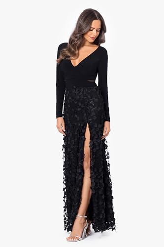 Xscape Women's Long Sleeve V-Neck Floral Skirted Floor Length Gown, Black, 8P